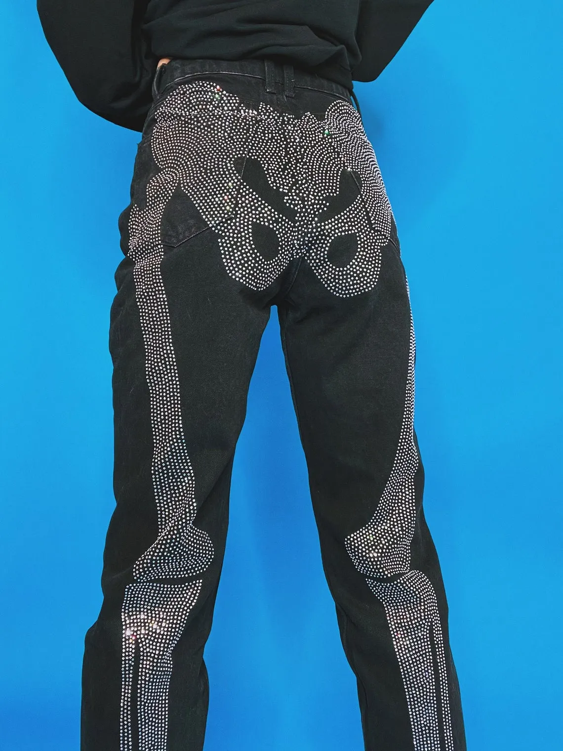 Skeleton Rhinestone Black Jeans, Men's