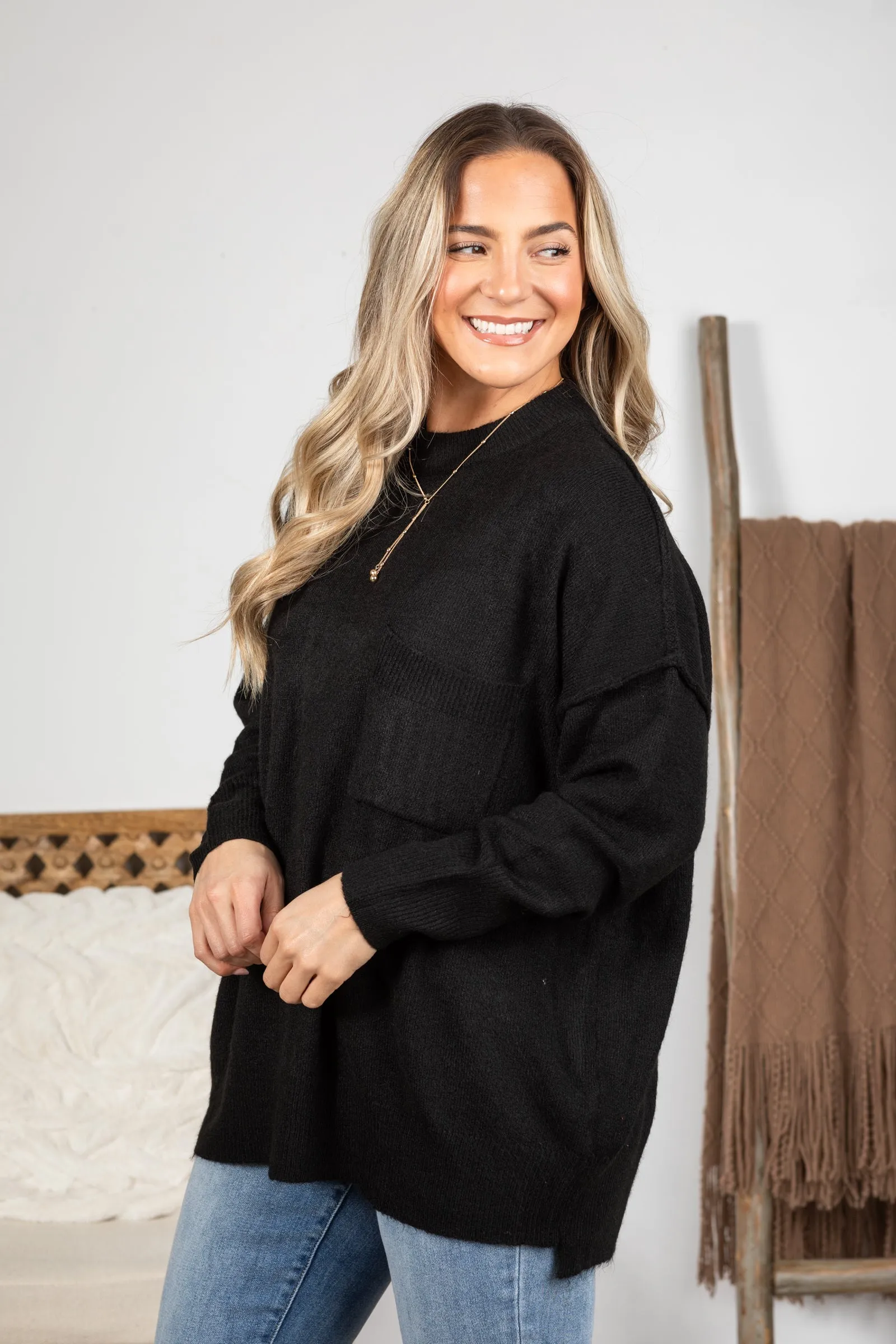 Solid Melange Hi-Low Hem Pocket Sweaters
