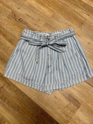 Striped Washed Denim High Rise Shorts w Tie EB40413
