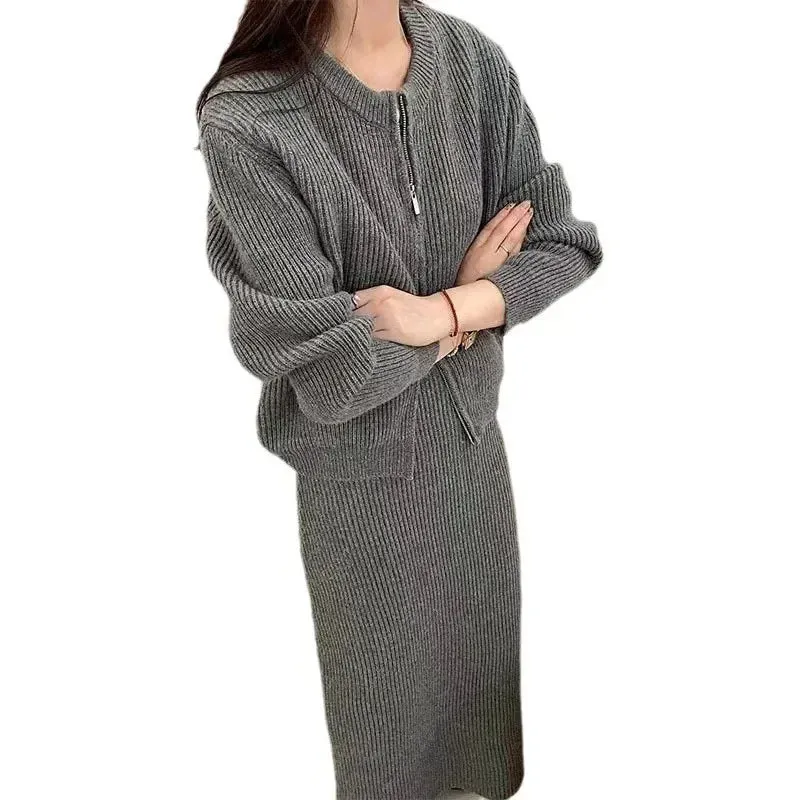 Two-Piece Set Loose Woolen Half Skirt & Knitted Cardigan
