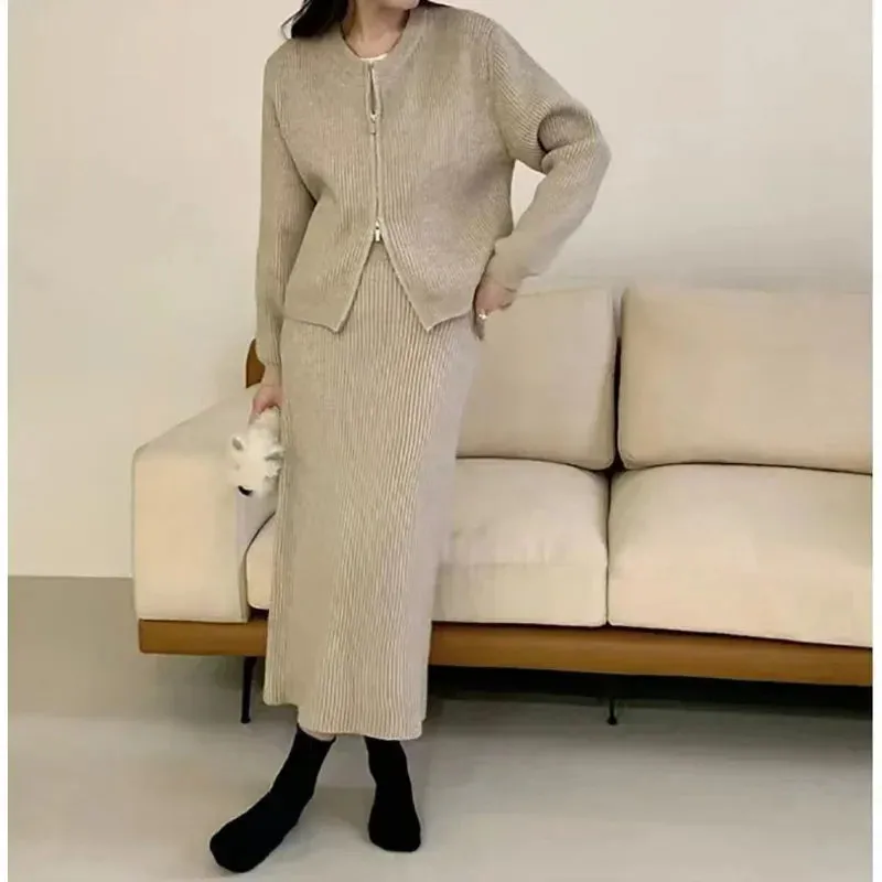 Two-Piece Set Loose Woolen Half Skirt & Knitted Cardigan
