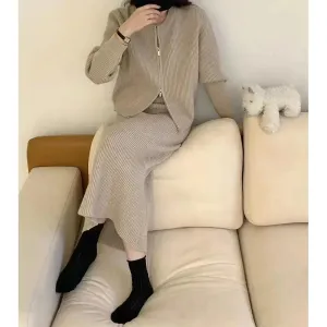 Two-Piece Set Loose Woolen Half Skirt & Knitted Cardigan