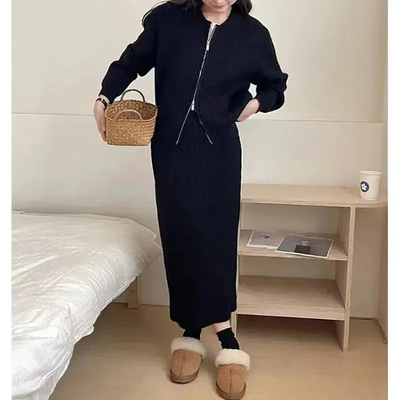 Two-Piece Set Loose Woolen Half Skirt & Knitted Cardigan