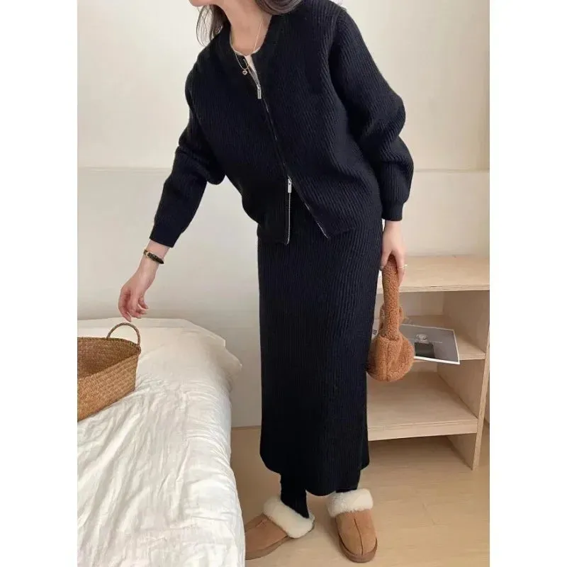 Two-Piece Set Loose Woolen Half Skirt & Knitted Cardigan