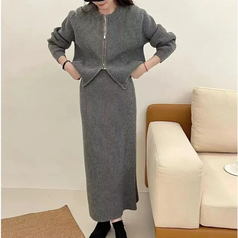 Two-Piece Set Loose Woolen Half Skirt & Knitted Cardigan