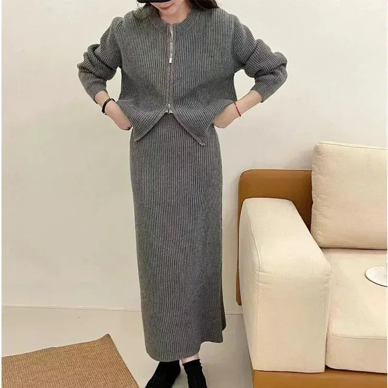 Two-Piece Set Loose Woolen Half Skirt & Knitted Cardigan