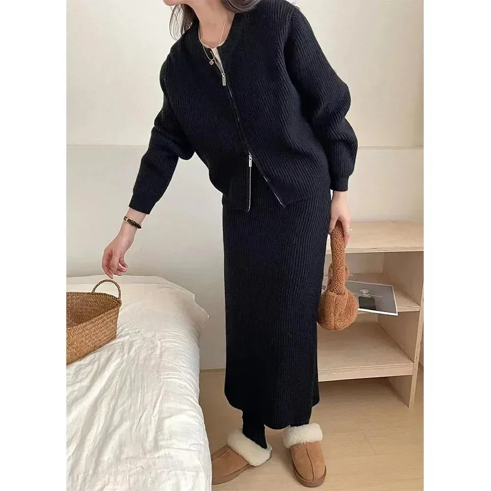 Two-Piece Set Loose Woolen Half Skirt & Knitted Cardigan
