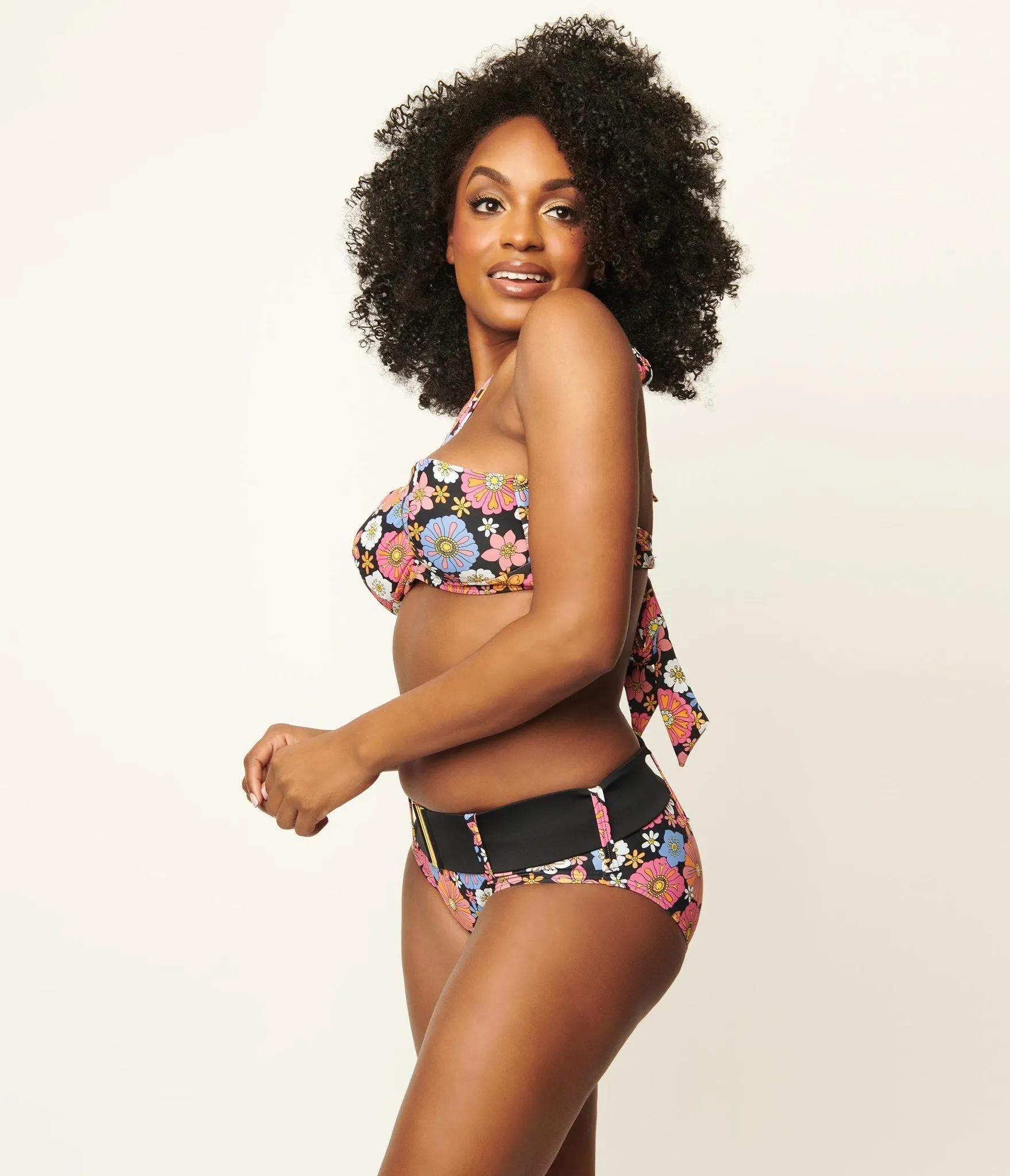 Unique Vintage Retro Floral Halter Swim Top Black/Purple