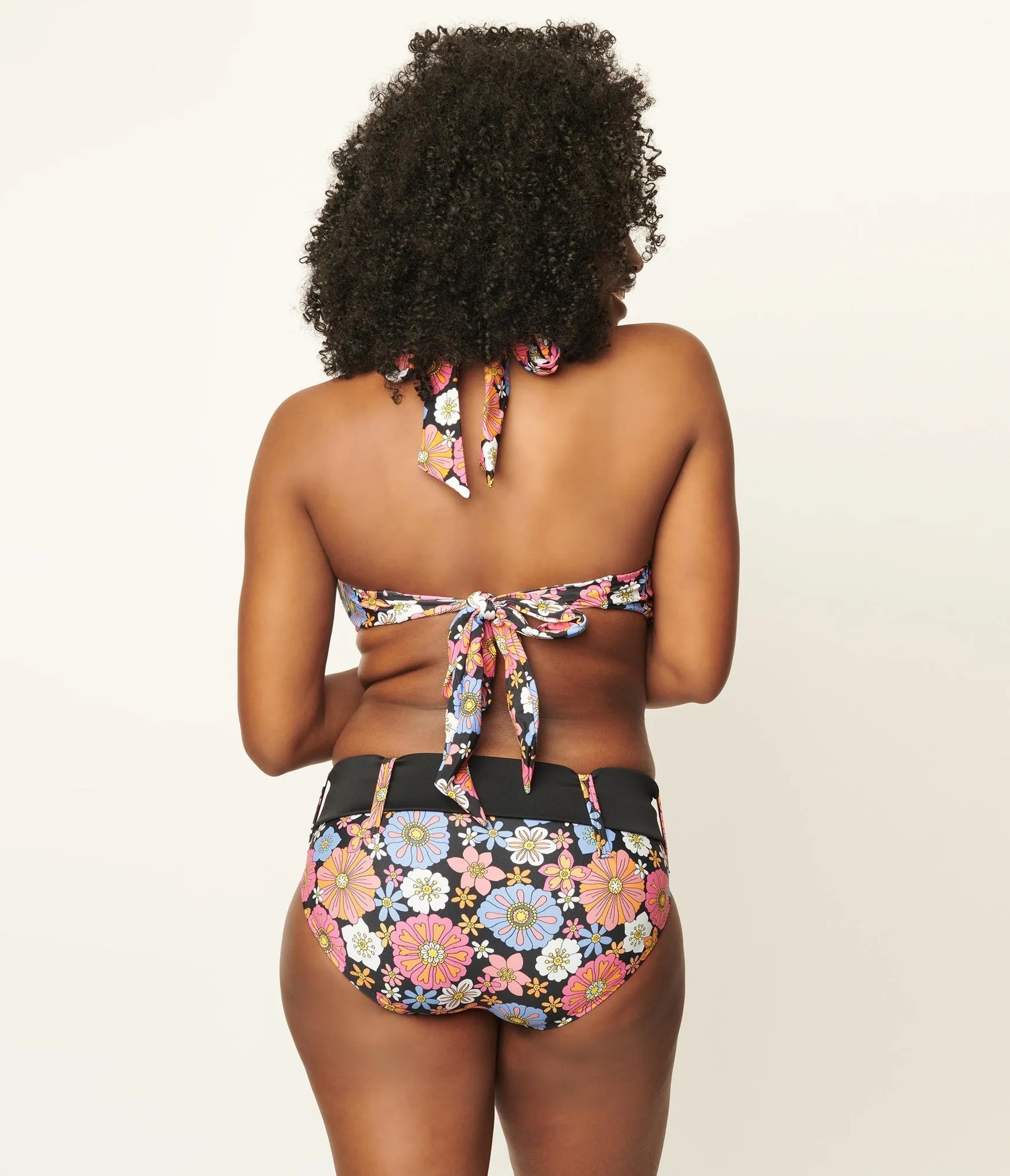 Unique Vintage Retro Floral Halter Swim Top Black/Purple
