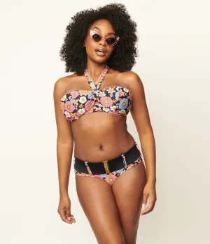 Unique Vintage Retro Floral Halter Swim Top Black/Purple