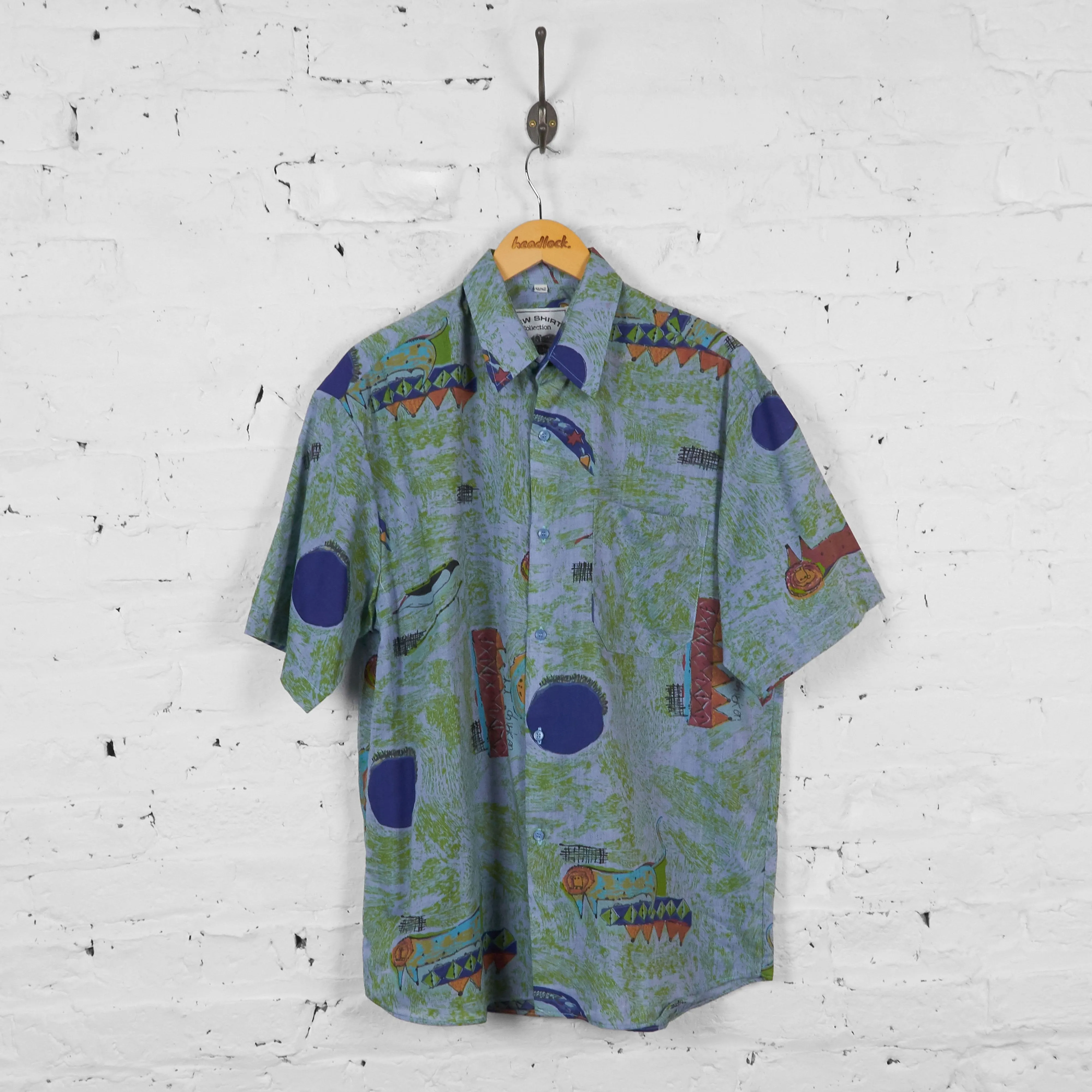 Vintage Abstract Patterned Party Shirt - Blue - L