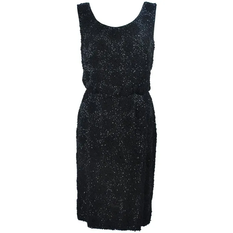 VINTAGE Circa 1960s Black Silk Chiffon Beaded Cocktail Dress Size 4