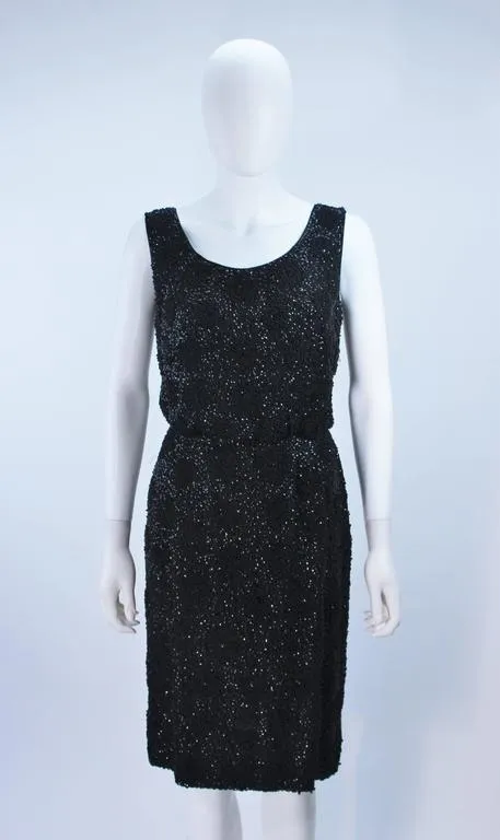 VINTAGE Circa 1960s Black Silk Chiffon Beaded Cocktail Dress Size 4