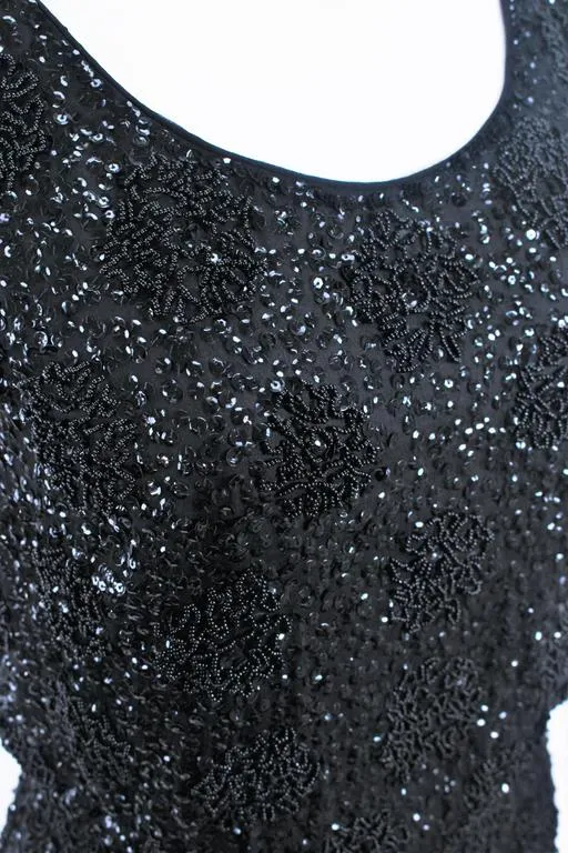 VINTAGE Circa 1960s Black Silk Chiffon Beaded Cocktail Dress Size 4
