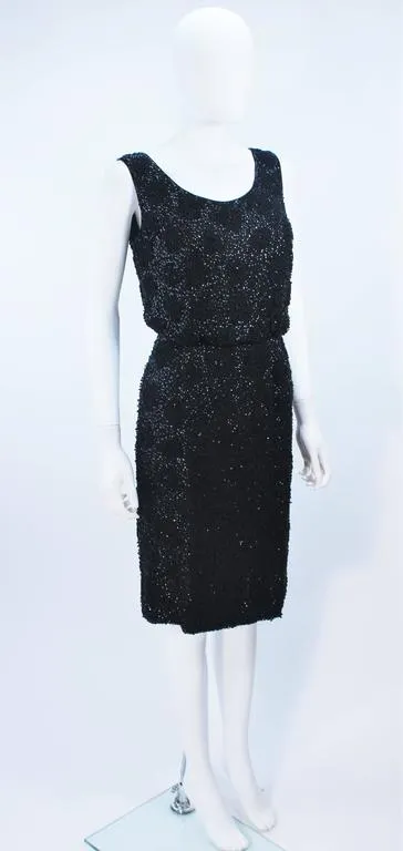 VINTAGE Circa 1960s Black Silk Chiffon Beaded Cocktail Dress Size 4