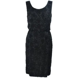VINTAGE Circa 1960s Black Silk Chiffon Beaded Cocktail Dress Size 4