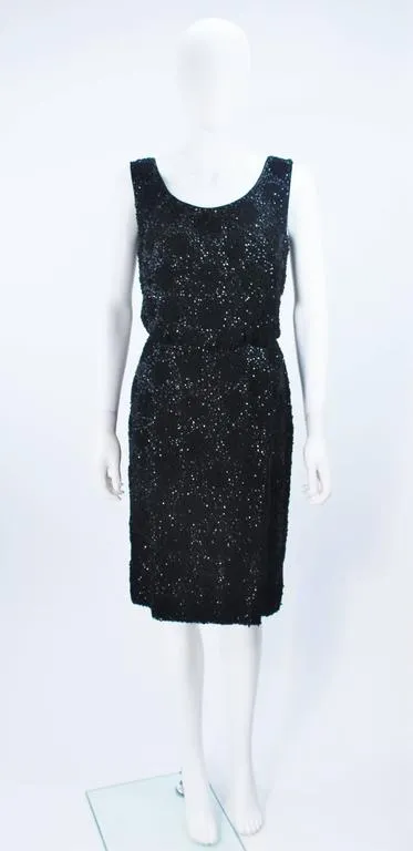 VINTAGE Circa 1960s Black Silk Chiffon Beaded Cocktail Dress Size 4