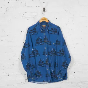 Vintage Horse Riding Patterned Shirt - Blue - L