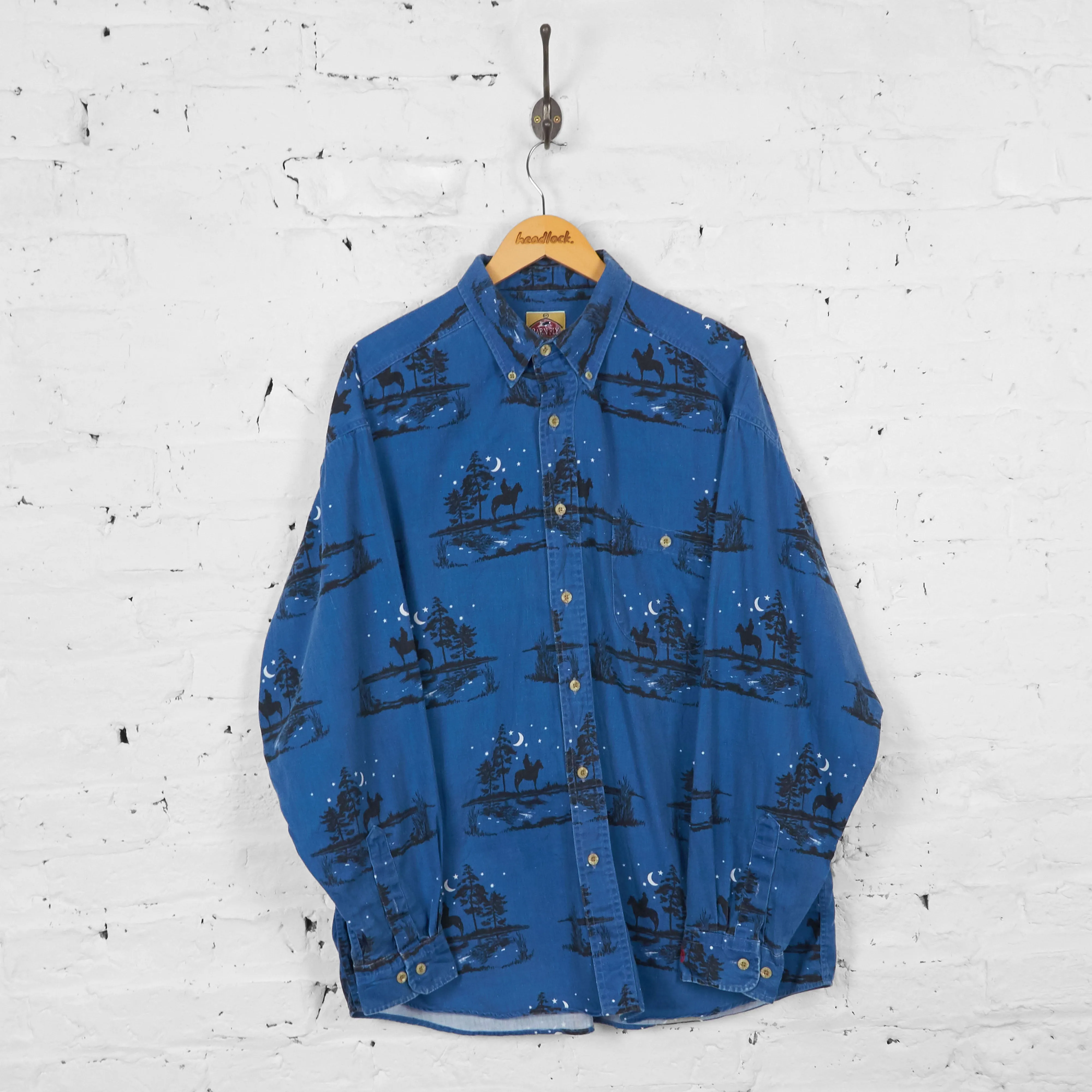 Vintage Horse Riding Patterned Shirt - Blue - L