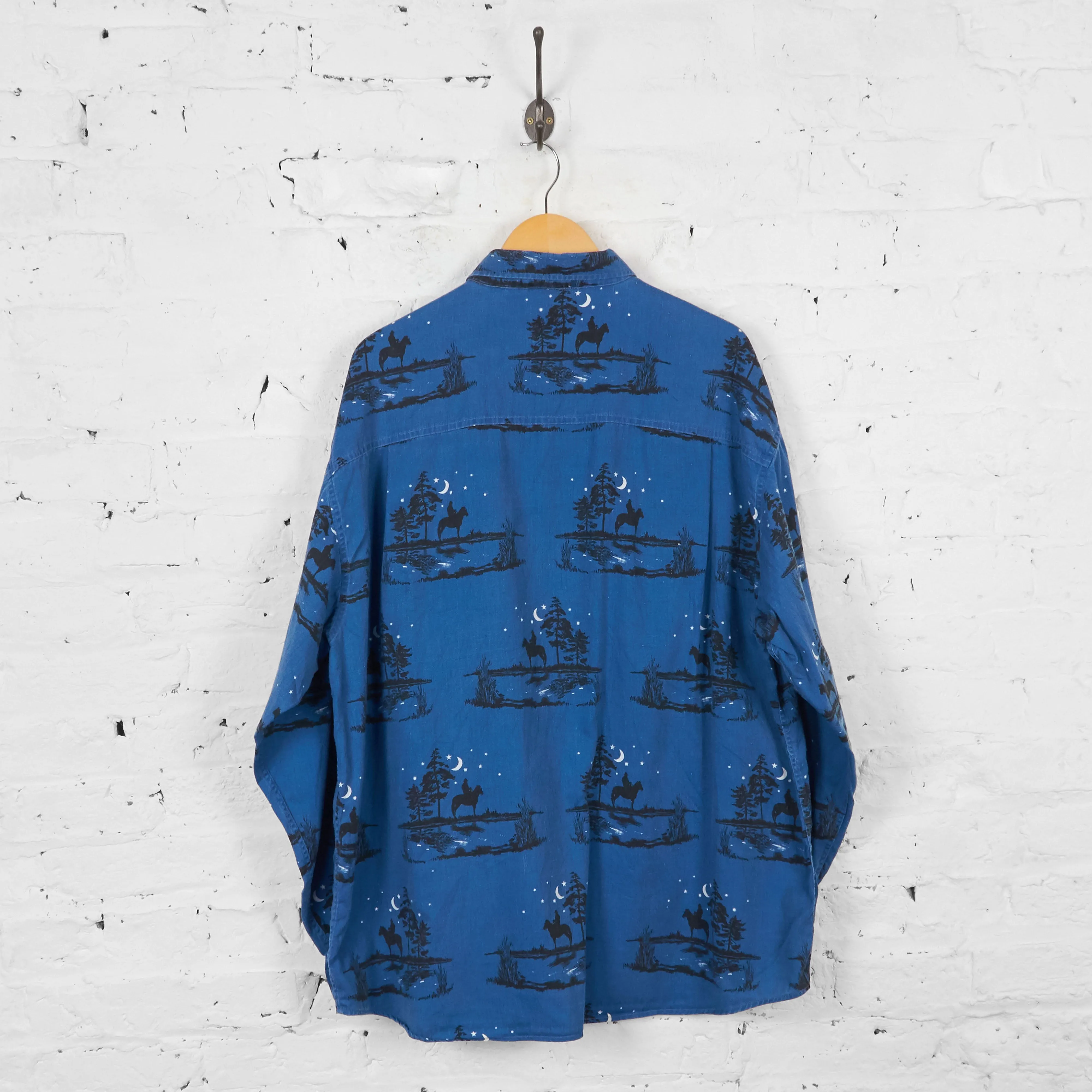 Vintage Horse Riding Patterned Shirt - Blue - L