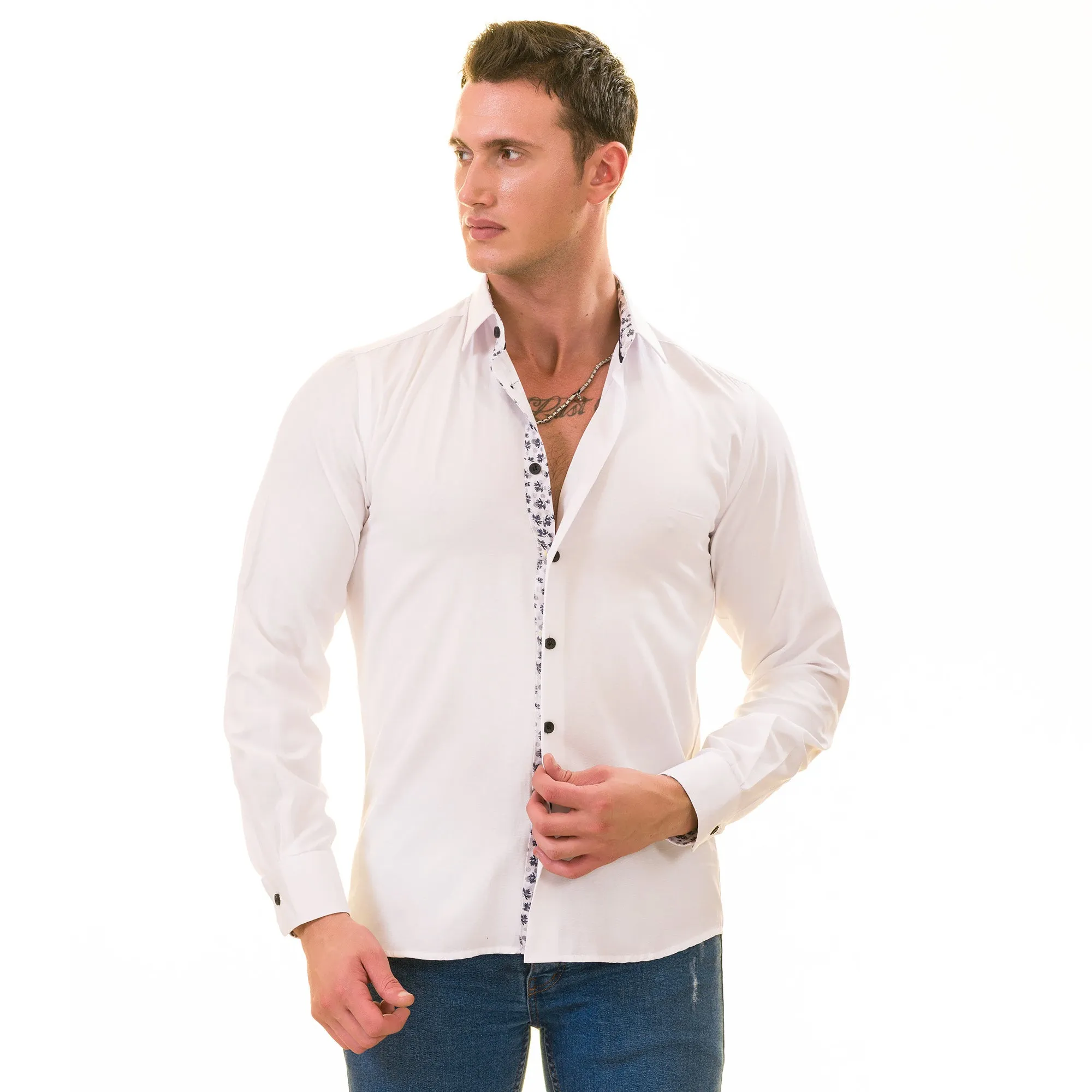 White with Floral inside Slim Fit Designer Dress Shirt - tailored Cotton Shirts for Work